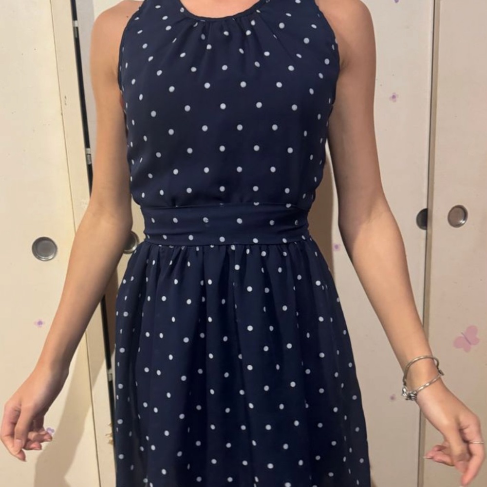 Navy blue polka dot dress from FARM Rio